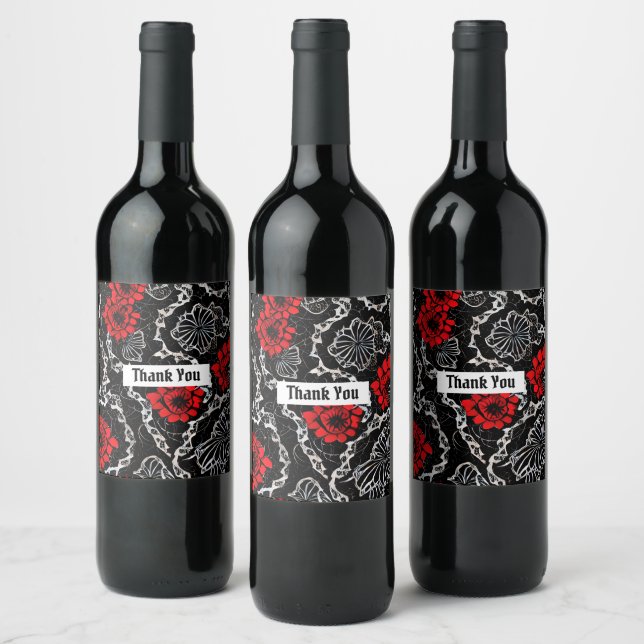 Red Flowers and Black Lace Seamless Pattern Wine Label (Bottles)