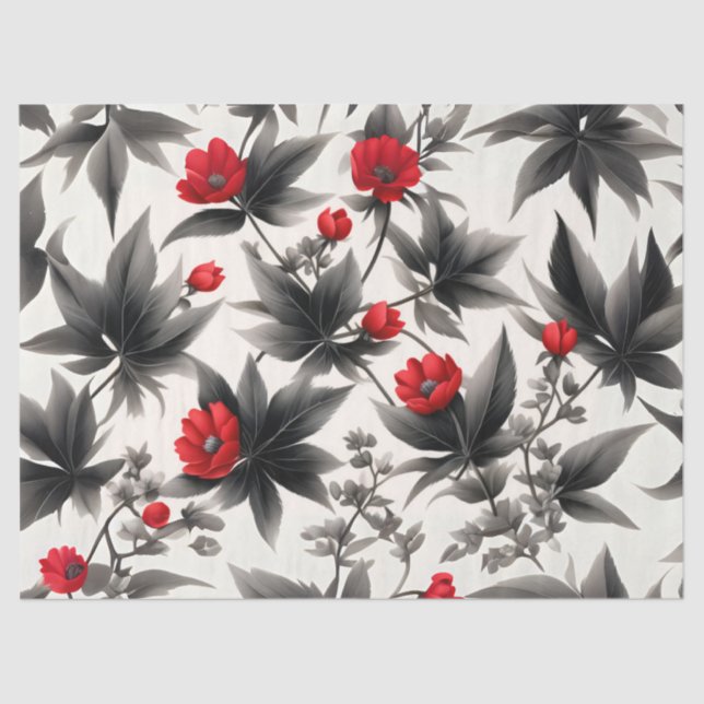 Red Flowers and Black Leaves on White decoupage  Tissue Paper (Front)