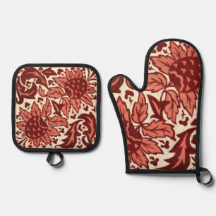 Red Flowers and Fruit Antique Pattern Oven Mitt & Pot Holder Set