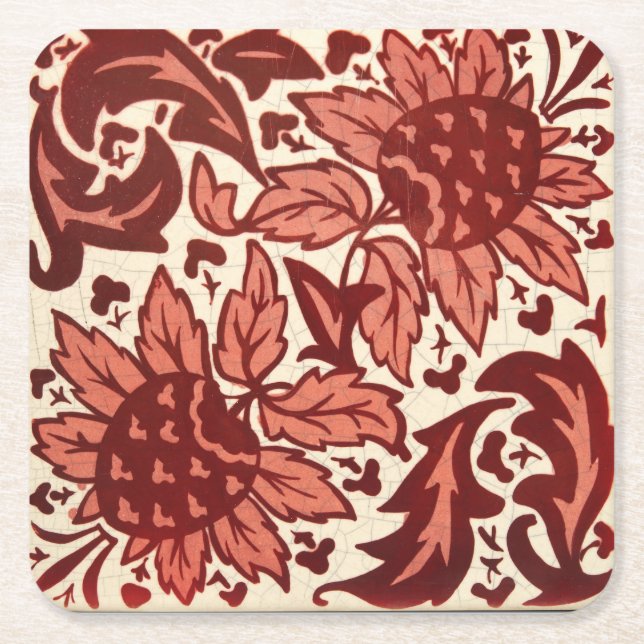 Red Flowers and Fruit Antique Pattern Square Paper Coaster (Front)