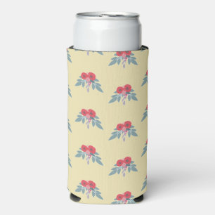 Red flowers and green leaves on brown seltzer can cooler
