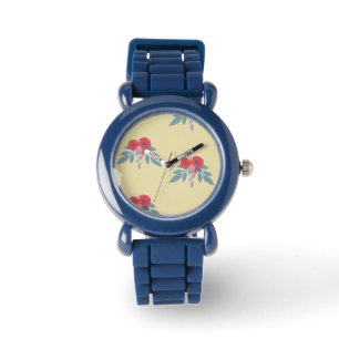 Red flowers and green leaves on brown watch