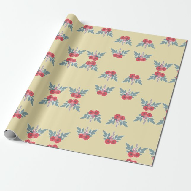Red flowers and green leaves on brown  wrapping paper (Unrolled)