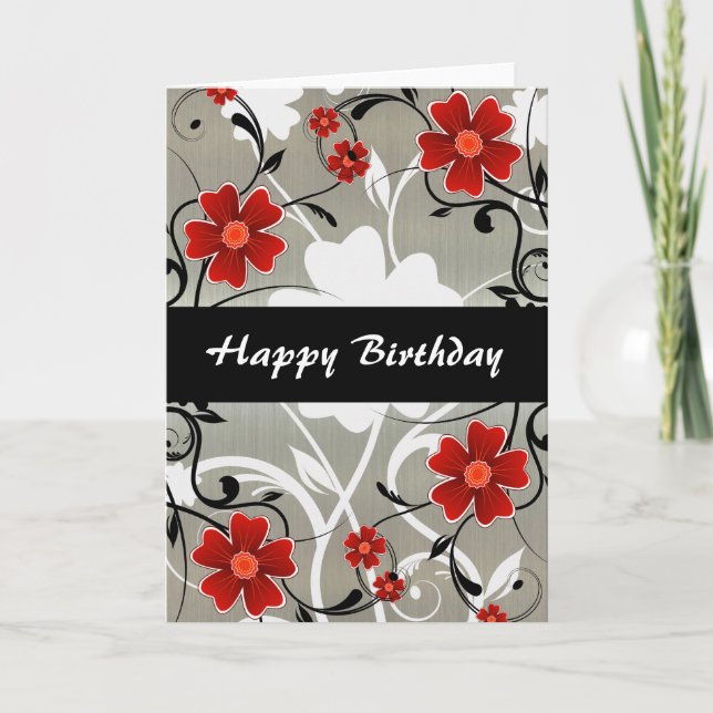 Red Flowers and Silhouette on Silver Card (Front)