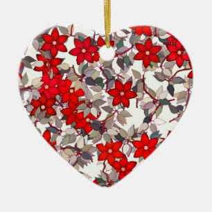 Red flowers and silver grey leaves ceramic tree decoration