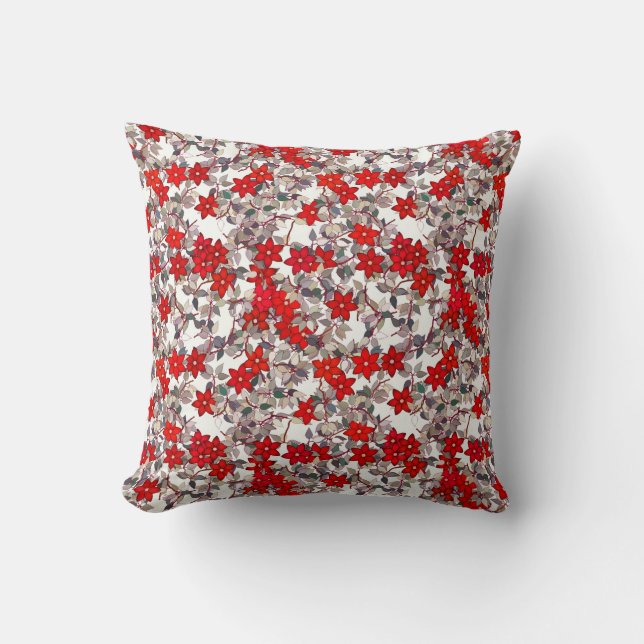 Red flowers and silver grey leaves cushion (Front)