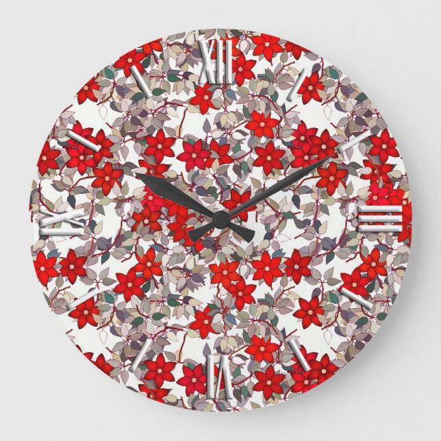 Red flowers and silver grey leaves large clock (Front)