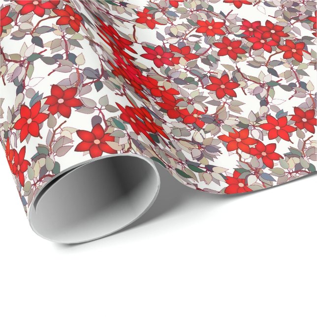 Red flowers and silver grey leaves wrapping paper (Roll Corner)