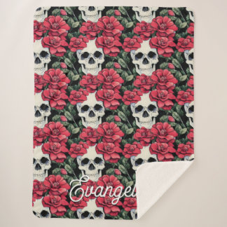 Red Flowers and Skulls Watercolor Sherpa Blanket