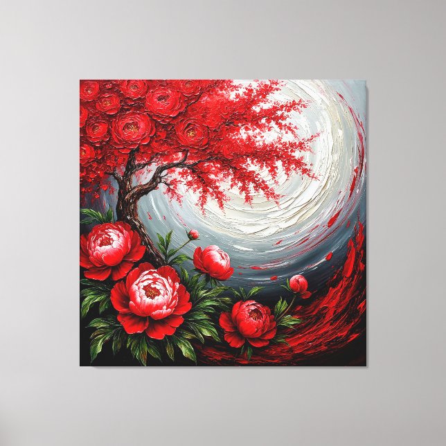 Red Flowers and Tree Against a Swirling Background Canvas Print (Front)