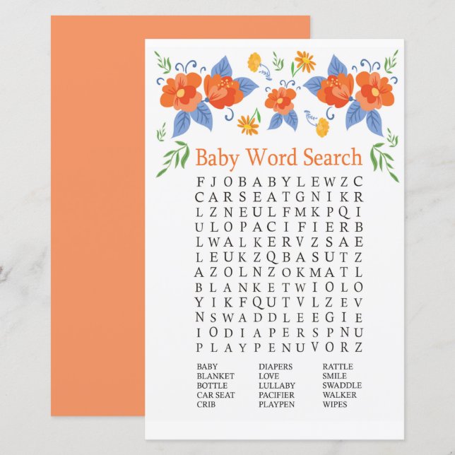 Red flowers Baby Shower Word Search Game (Front/Back)