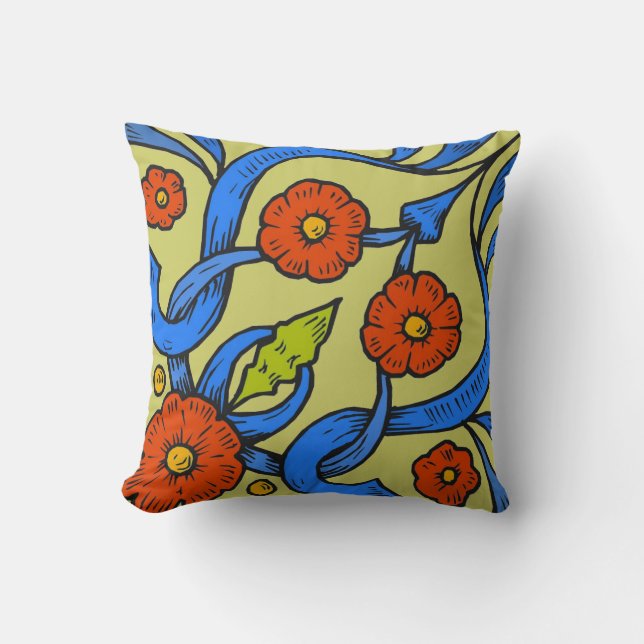 Red Flowers blue ribbons Cushion (Front)