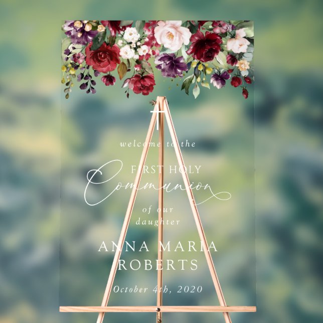 Red Flowers, Boho, First Holy Communion Welcome Acrylic Sign (Neutral)