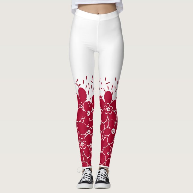 Red flowers daisies on white background  leggings (Front)