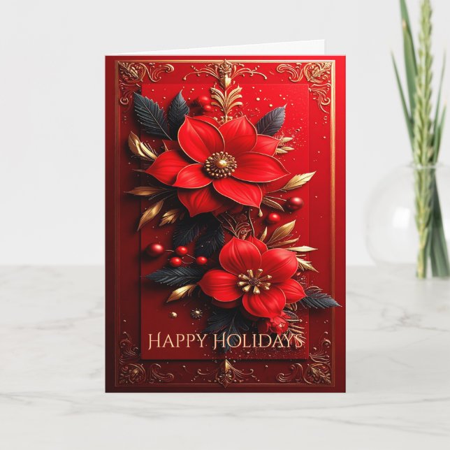 Red Flowers Decorative Holiday Card (Front)