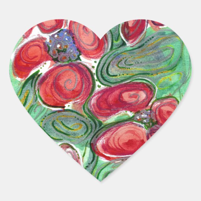 Red Flowers Fantasy Heart Sticker (Front)