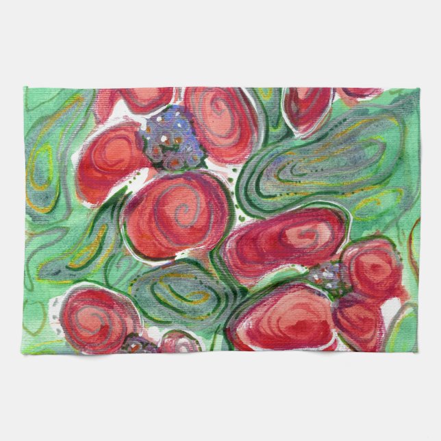 Red Flowers Fantasy Tea Towel (Horizontal)