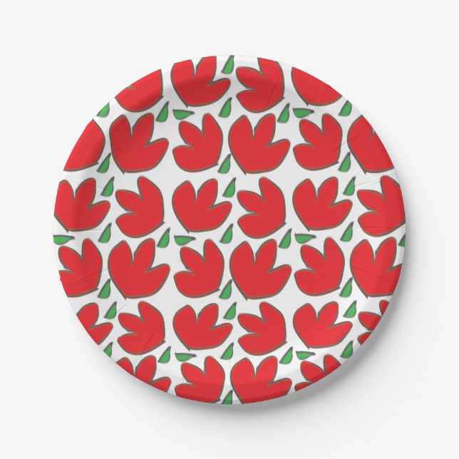 Red Flowers Floral Pattern Birthday Paper Plate (Front)