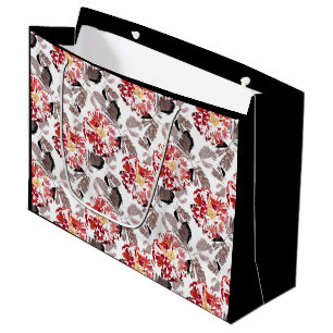 Red flowers, floral, retro, red and white large gift bag
