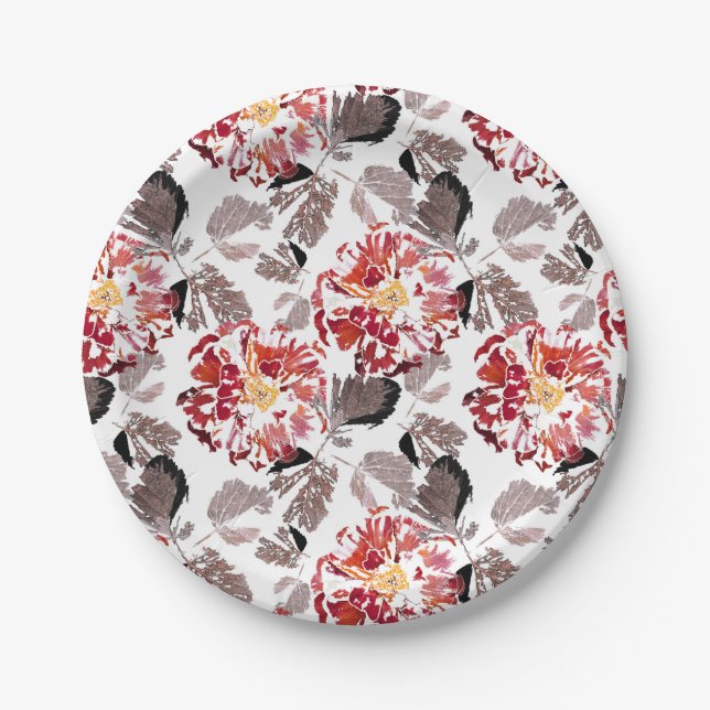 Red flowers, floral, retro, red and white paper plate (Front)