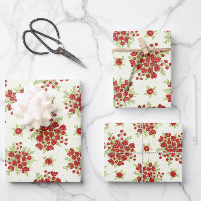 Red Flowers Floral Spring Wrapping Paper Sheet (Front)