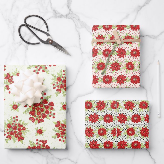 Red Flowers Floral Summer Wrapping Paper Sheet (Front)