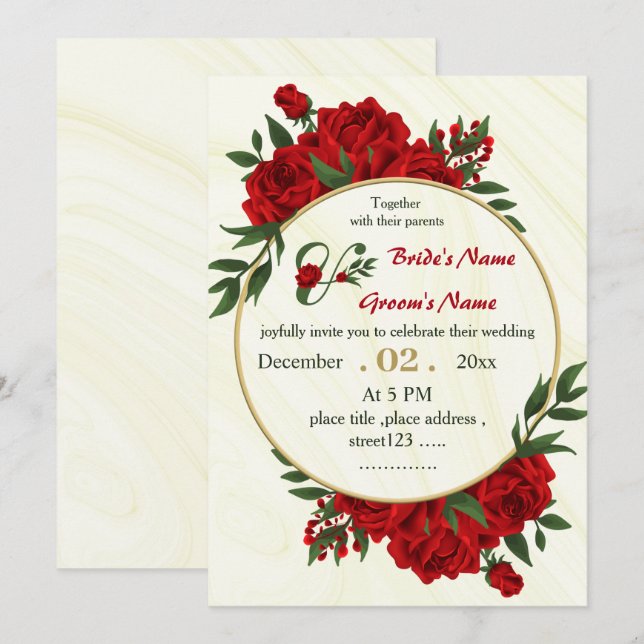 red flowers foliage gold wreath wedding invitation (Front/Back)