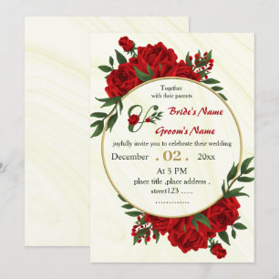 red flowers foliage gold wreath wedding invitation