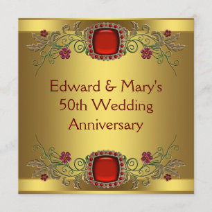 Red Flowers Gold 50th Wedding Anniversary Party Invitation