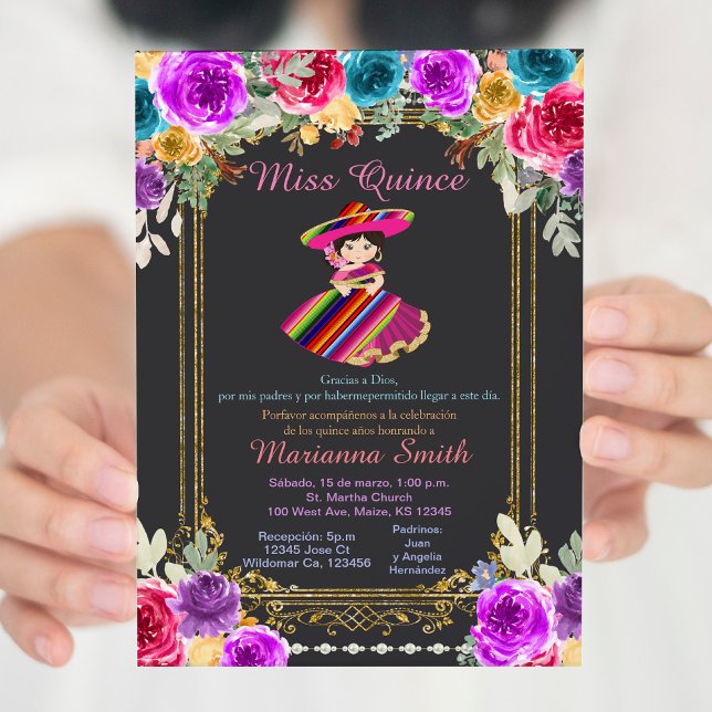 Red Flowers Gold Charro Quinceañera Invitation (Creator Uploaded)
