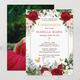 Red Flowers Gold Foil Butterflies Quinceanera Invitation