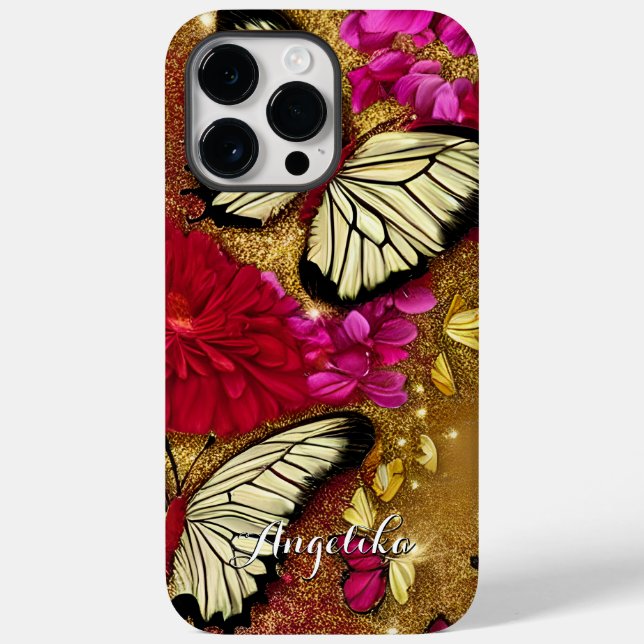 Red Flowers Gold Glitters Butterflies Custom Name Case-Mate iPhone Case (Back)
