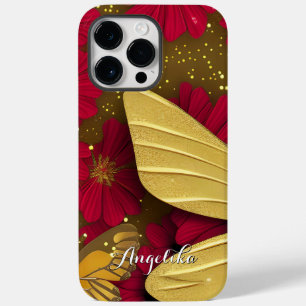 Red Flowers Gold Glitters Personalised Name Case-Mate iPhone 14 Pro Max Case