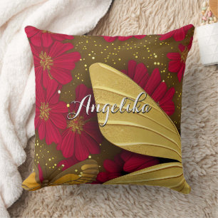 Red Flowers Gold Glitters Personalised Name Cushion