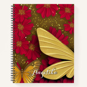 Red Flowers Gold Glitters Personalised Name Notebook