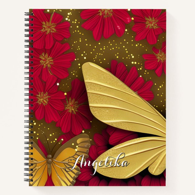 Red Flowers Gold Glitters Personalised Name Notebook (Front)