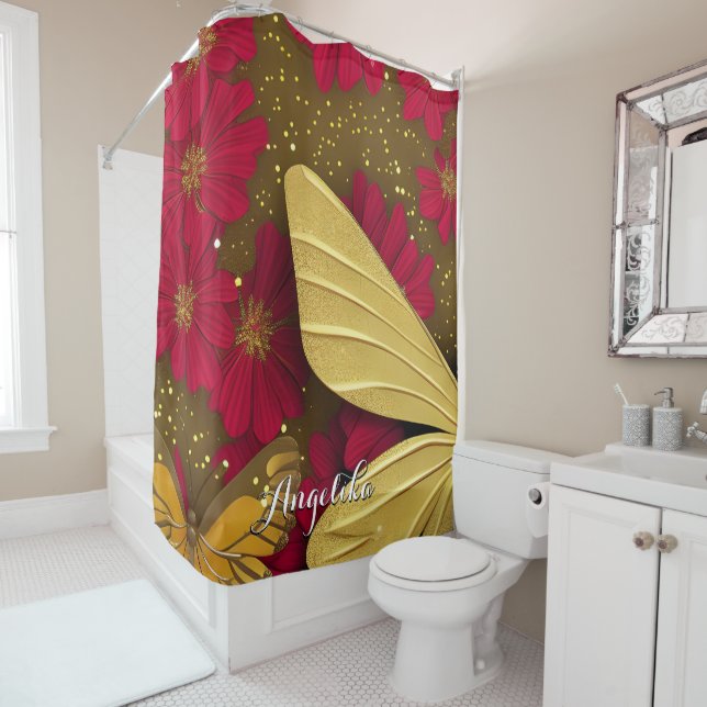 Red Flowers Gold Glitters Personalised Name Shower Curtain (In Situ)