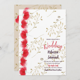 Red Flowers,Gold Leaves Wedding Invitation
