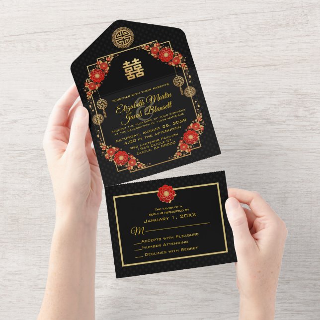 Red Flowers Gold Trim Chinese Wedding  All In One Invitation (Tearaway)