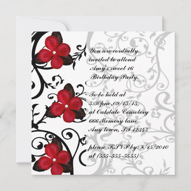 Red Flowers Gothic Sweet 16 Birthday Invites (Front)