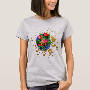 Red Flowers, Green Leaves and Golden Background T-Shirt