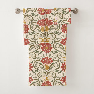 red flowers, green leaves, and yellow accents bath towel set