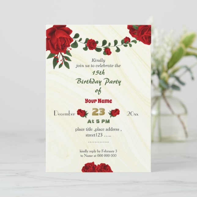 red flowers green leaves birthday invitation (Standing Front)
