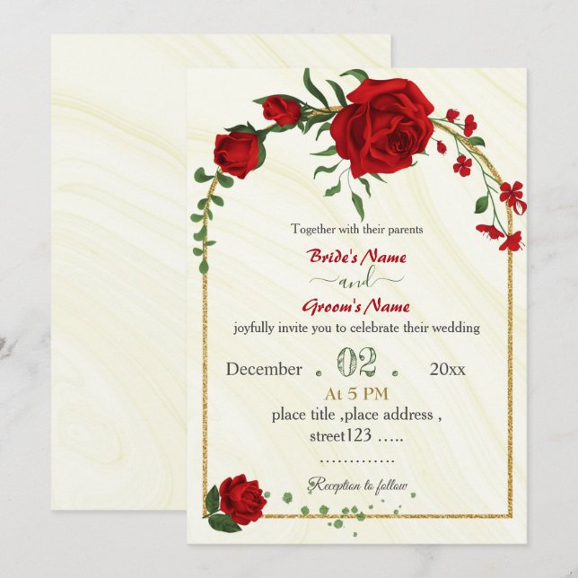 red flowers green leaves gold frame wedding invitation (Front/Back)