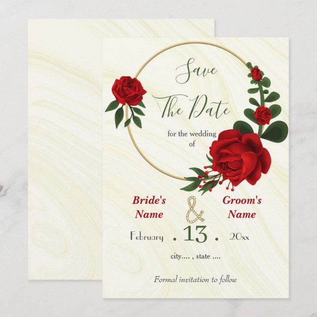 red flowers green leaves gold wreath save the date (Front/Back)