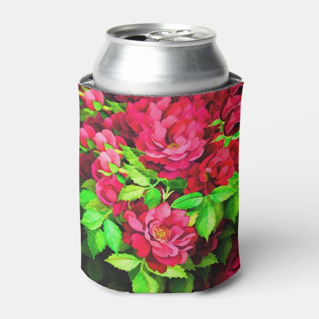 Red Flowers Green Leaves Painting Can Cooler (Can Front)