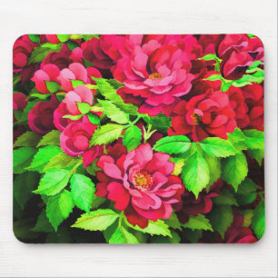 Red Flowers Green Leaves Painting Mouse Mat