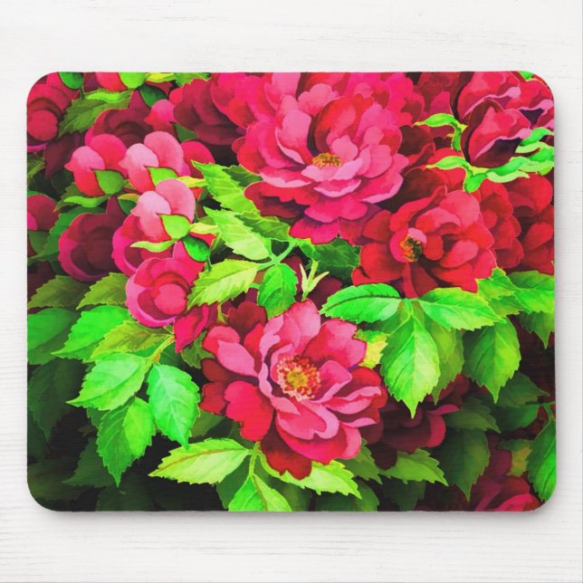 Red Flowers Green Leaves Painting Mouse Mat (Front)