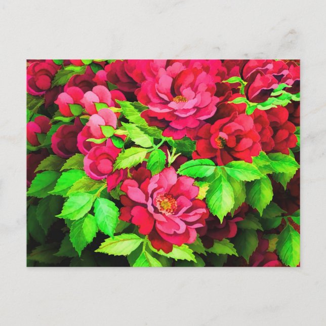 Red Flowers Green Leaves Painting Postcard (Front)