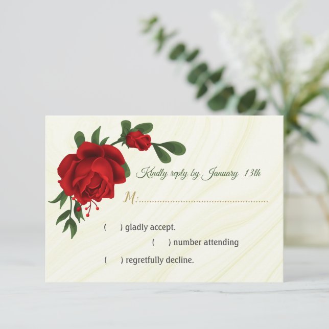 red flowers green leaves RSVP card (Standing Front)
